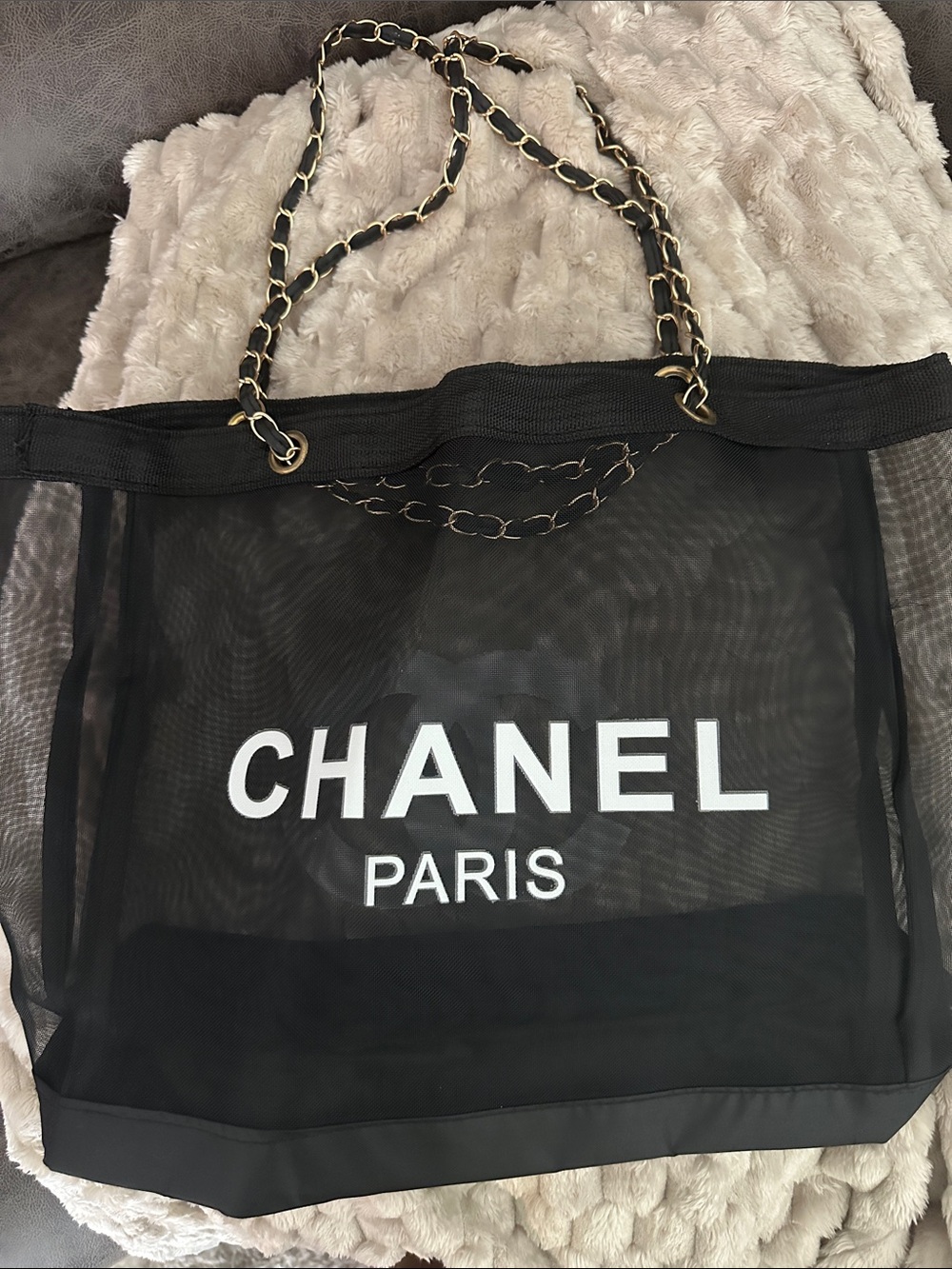 Black Mesh Tote with Gold-Trim Chain Straps